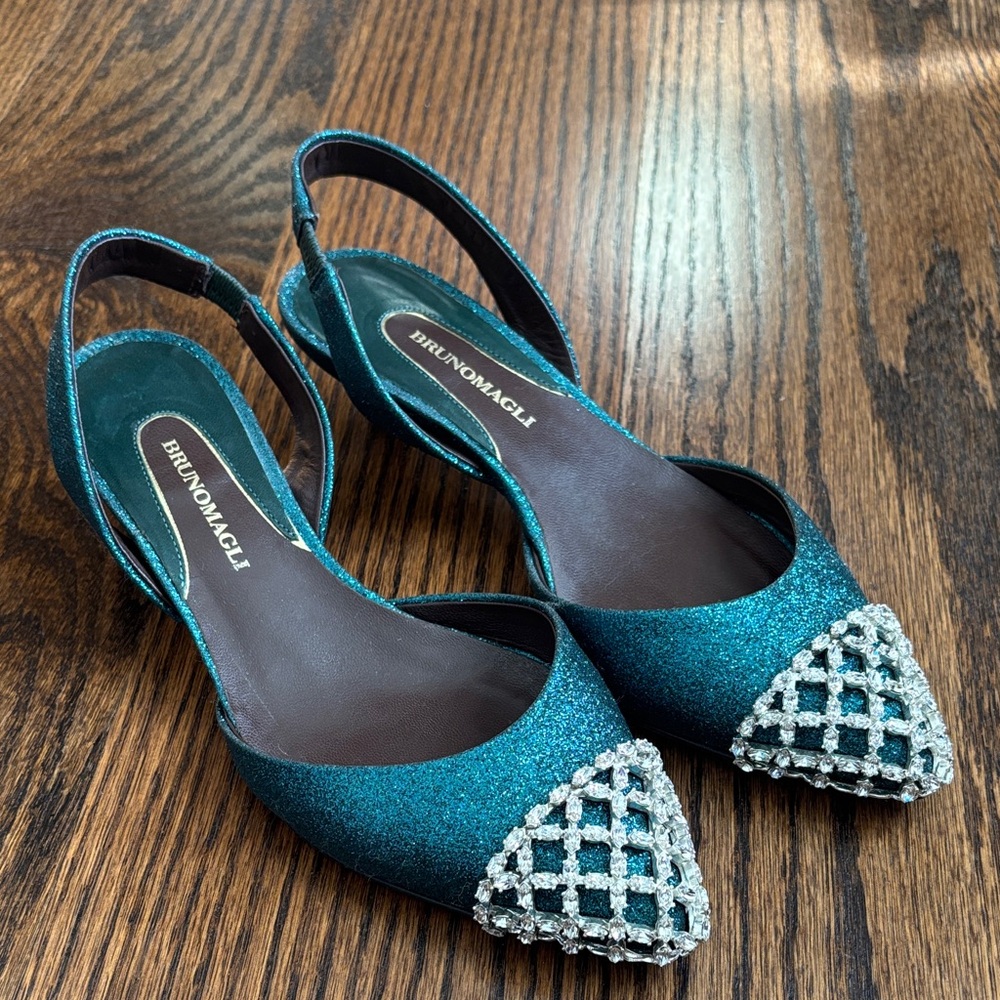 Bruno Magli Blue Slingback Heels with Crystal Detail